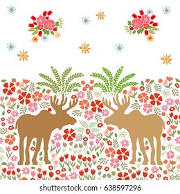 Elks in the summer forest. Art Nouveau border with fantasy animals and wildflowers on white background.