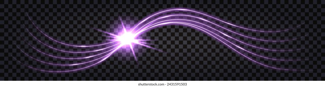 Ellectric swirl wave,  lightning thunder bolt,discharge shock light effect. Purple  neon glowing, luminous  electricity strike collision, flash explosion. Vector illustration, isolated 