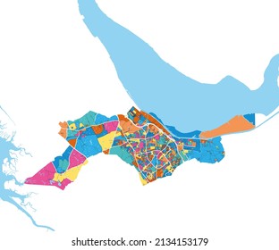 EllesmerePort, North West England, England colorful high resolution vector art map with city boundaries. White outlines for main roads. Many details. Blue shapes for water. 