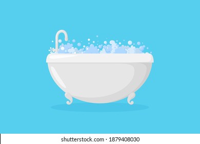 Ellipse bathtub with relax foam and bubbles. Tub with faucet. Vector illustration in cartoon style
