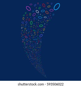 Ellipse Bubble random fireworks stream. Vector illustration style is flat bright multicolored iconic symbols on a blue background. Object fountain constructed from scattered pictograms.