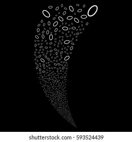 Ellipse Bubble random fireworks stream. Vector illustration style is flat white iconic symbols on a black background. Object fountain created from scattered pictographs.