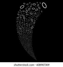 Ellipse Bubble random fireworks stream. Vector illustration style is flat white iconic symbols on a black background. Object fountain organized from scattered icons.