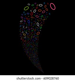 Ellipse Bubble random fireworks stream. Vector illustration style is flat bright multicolored iconic symbols on a black background. Object fountain combined from scattered pictographs.