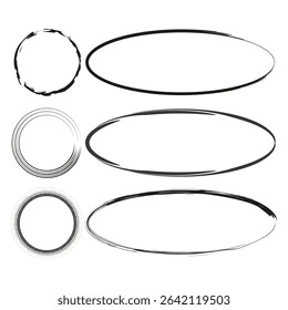 Ellipse and circle. Geometric vector shape. Thin black outline. Minimal sketch set.