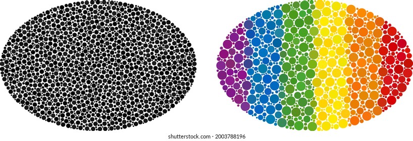 Ellipse collage icon of circle elements in variable sizes and rainbow colored color tinges. A dotted LGBT-colored ellipse for lesbians, gays, bisexuals, and transgenders.