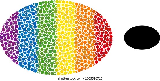 Ellipse collage icon of circle elements in variable sizes and spectrum colored shades. A dotted LGBT-colored ellipse for lesbians, gays, bisexuals, and transgenders. Vector icon in LGBT flag colors.