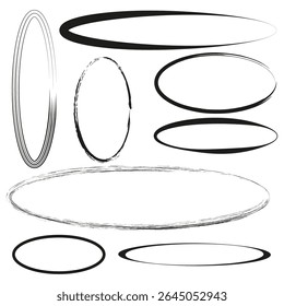 Ellipse contour shapes. Black oval lines. Hand drawn vector. Minimal rounded form.