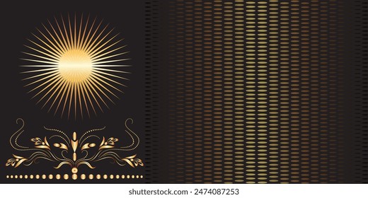 patrón de puntos de elipse con sol y decoración estilo oro en fondo negro