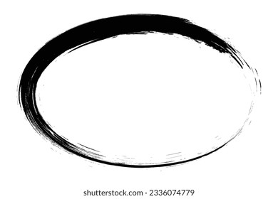 Ellipse frame form, grunge design element with distress texture. Black brush stroke.
Vector illustration isolated on white background. 