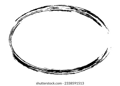 Ellipse frame form, grunge design element with distress texture. Black brush stroke. Vector illustration isolated on white background. 