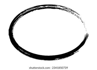 Ellipse frame form, grunge design element with distress texture. Black brush stroke. Vector illustration isolated on white background. 