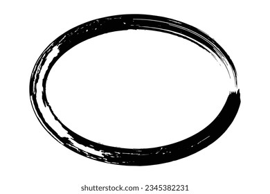 Ellipse frame form, grunge design element with distress texture. Black brush stroke. Vector illustration isolated on white background. 