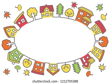 ellipse frame of houses and trees - line drawing and color - autumn version