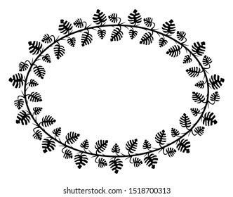 ellipse frame with a leaf theme with black isolated white background, oval frame natural theme.