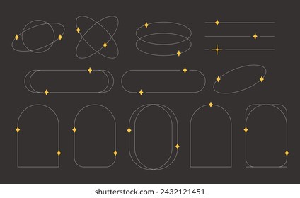 Ellipse frames, arcs, dividers with stars on dark background. Set of design elements in trendy y2k minimalist aesthetic style