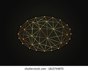 Ellipse golden abstract illustration on dark background. Geometric shape polygonal template made from lines and dots.
