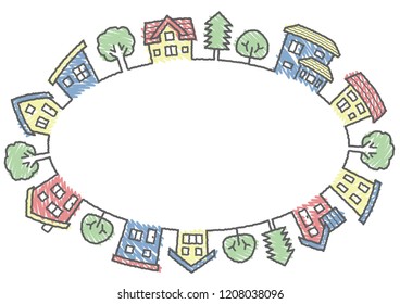 ellipse of houses and trees - rough line and scribble color - 