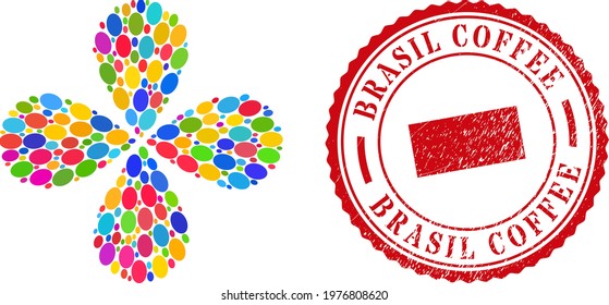 Ellipse multicolored centrifugal flower cluster, and red round BRASIL COFFEE dirty watermark. Ellipse symbol inside round stamp. Object flower with 4 petals combined from scattered ellipse items.