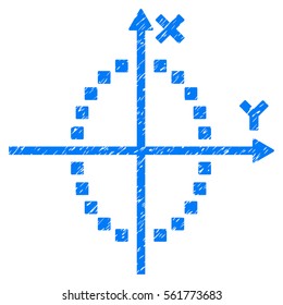 Ellipse Plot grainy textured icon for overlay watermark stamps. Flat symbol with scratched texture. Dotted vector blue ink rubber seal stamp with grunge design. Designed with square dots.