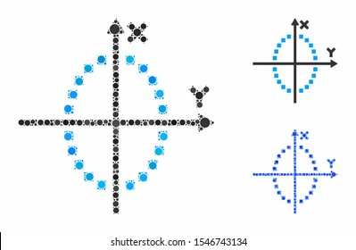 Ellipse plot mosaic of filled circles in different sizes and color hues, based on ellipse plot icon. Vector filled circles are united into blue mosaic.