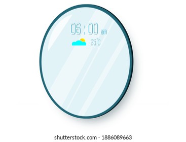 Ellipse shape smart mirror with digital time, weather icon, and temperature on white background.