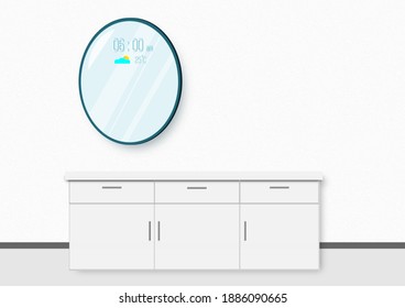 Ellipse shape smart mirror with digital time, weather icon, and temperature in the bathroom with cabinet.