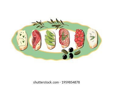 Ellipse shaped plate with diverse bruschettas and olives. Vector food illustration. 
