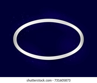 Ellipse silver frame with lights effect on dark background. Shining banner with stars and glitter. Vector template