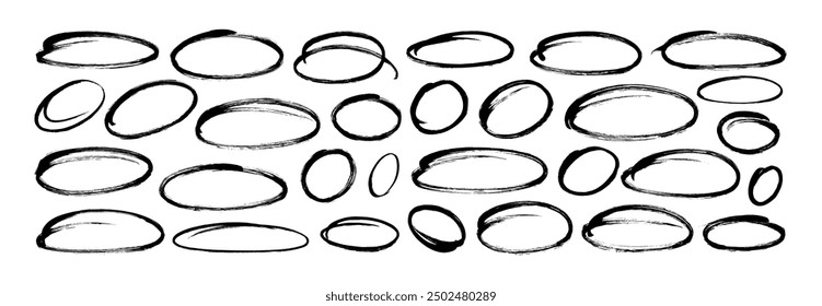 Ellipses, circles and ovals in doodle style drawn with a brush or pencil. Highlight oval frames, vector geometric round shapes to circle and highlight text. Bubbles for hand drawn diagrams and notes.