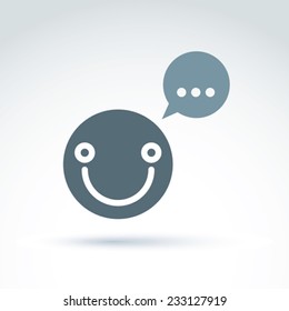 Ellipsis punctuation, analyze and conversation symbol, text message concept. Vector gray speech bubble with dots. Smiling happy thinking person.