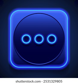 Ellipsis, three dots simple icon vector. Flat design. Blue neon style on button. With shadow.ai