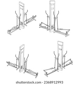 Elliptical bike. Gym equipment on white background vector illustration. Different fitness equipment for muscle building. Workout and training concept.