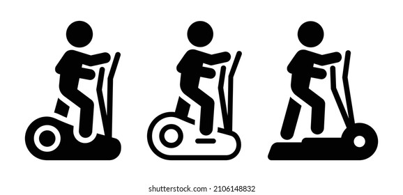 Elliptical bike icon set. Man workout on elliptical bike icon.