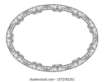 a elliptical frame of a flower and leaf theme with a hand drawing style, border with a floral theme, a flat isolated design in a white background.