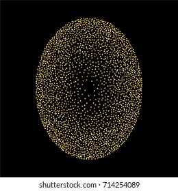 Elliptical golden powder background of random scatter golden circles isolated on black.