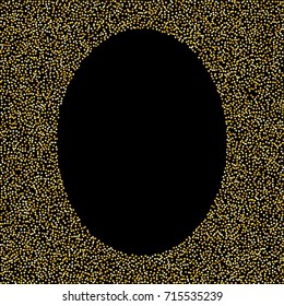 Elliptical golden powder frame or border of random scatter golden circles isolated on black.