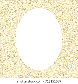 Elliptical golden sand frame or border of random scatter golden circles isolated on white.