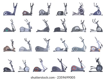 Elliptical Machine icons set cartoon vector. Cardio gym. Sport home