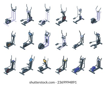 Elliptical Machine icons set isometric vector. Cardio fitness. Gym health