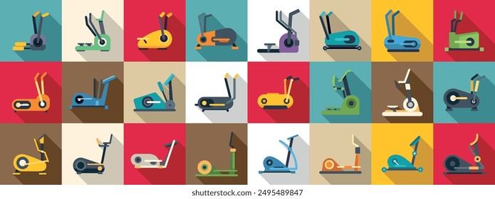 Elliptical Machine icons set. Large set of different modern colorful elliptical trainers for gym and home workout in flat style with long shadow on background