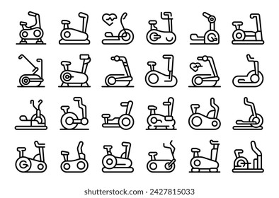 Elliptical machine icons set outline vector. Cardio fitness gym. Sport home lifestyle