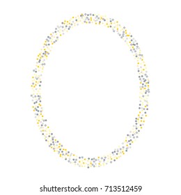Elliptical metallic confetti frame or border of random scatter golden and silvery circles, squares, stars, triangles and pentagons isolated on white.