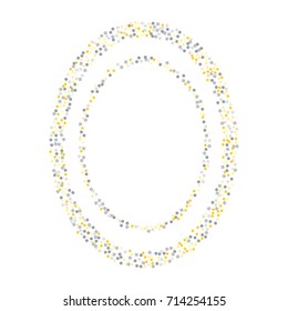 Elliptical metallic confetti frame or border of random scatter golden and silvery circles, squares, stars, triangles and pentagons isolated on white.