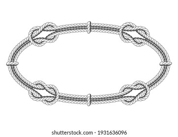 Elliptical Rope Frame With Knots Made Of Twisted Rope, Oval Border, Vector