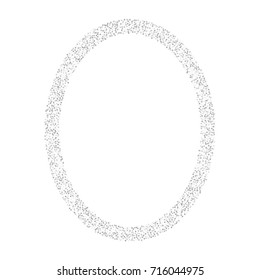 Elliptical silver confetti frame or border of random scatter silvery stars isolated on white.