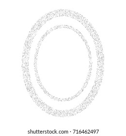 Elliptical silver confetti frame or border of random scatter silvery stars isolated on white.