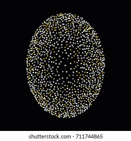 Elliptical silver and gold sparkle background of random scatter golden and silvery circles, squares, stars, triangles and pentagons isolated on black.