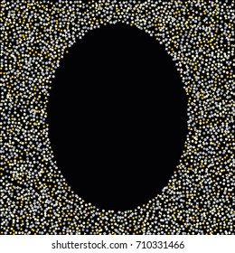 Elliptical silver and gold sparkle frame or border of random scatter golden and silvery circles, squares, stars, triangles and pentagons isolated on black.