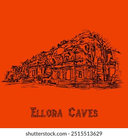 Ellora Caves: Uma Marvel da Arquitetura da Antiga Índia e Patrimônio Espiritual, esboço vetorial.